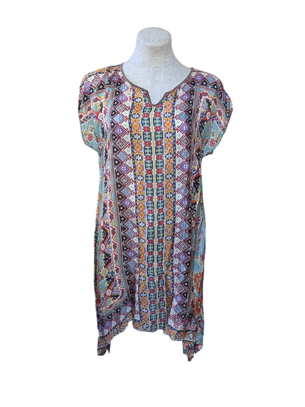 Johnny Was 100% Silk Multicolor Southwest Print Tunic Mini Dress Beach Cover S